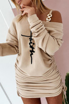 Khaki Casual Print Patchwork Fold Oblique Collar Long Sleeve Dresses