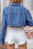 Jaqueta jeans com gola alta manga longa casual azul médio patchwork sólido