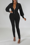 Coffee Sexy Solid Sequins Zipper Collar Skinny Jumpsuits