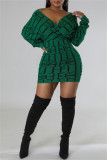 Gröna Casual Print Patchwork V-hals långärmade klänningar
