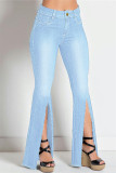 Jeans jeans casual azul casual patchwork com fenda e cintura alta
