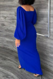 Синие повседневные однотонные платья в стиле пэчворк с разрезом и V-образным вырезом с длинным рукавом