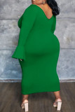 Groen Casual Solid Patchwork V-hals Lange mouw Grote maten jurken