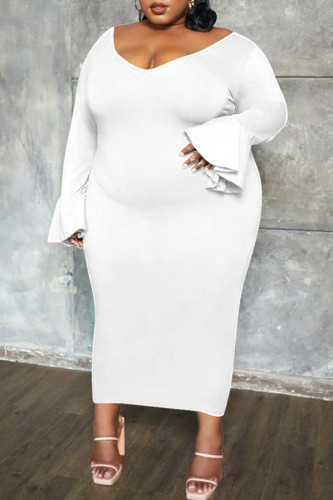 White Casual Solid Patchwork V Neck Long Sleeve Plus Size Dresses