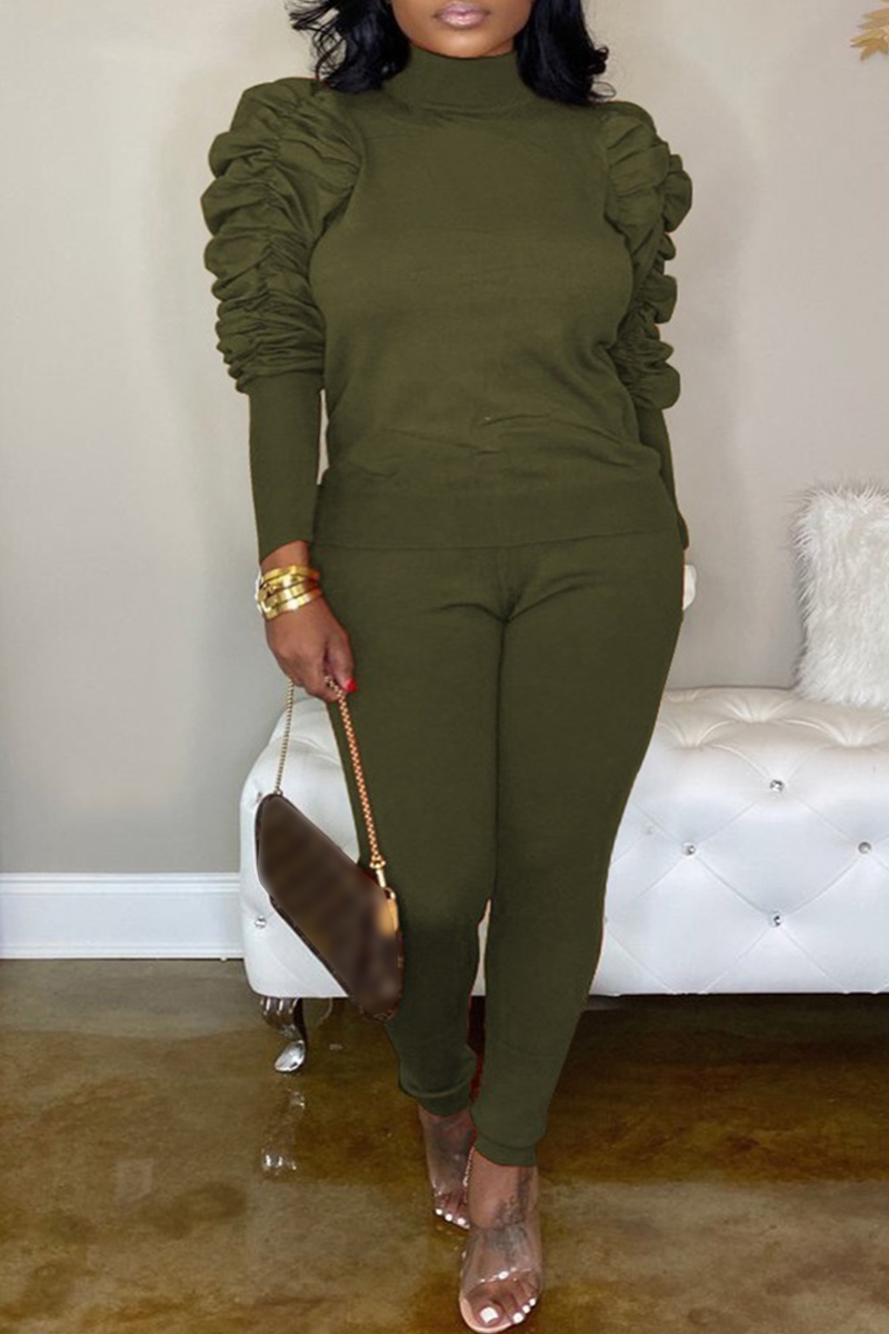 

Army Green Casual Solid Patchwork Turtleneck Plus Size Two Pieces