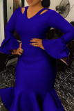 Blå sexig formella solid urholkad Patchwork V-hals aftonklänning klänningar