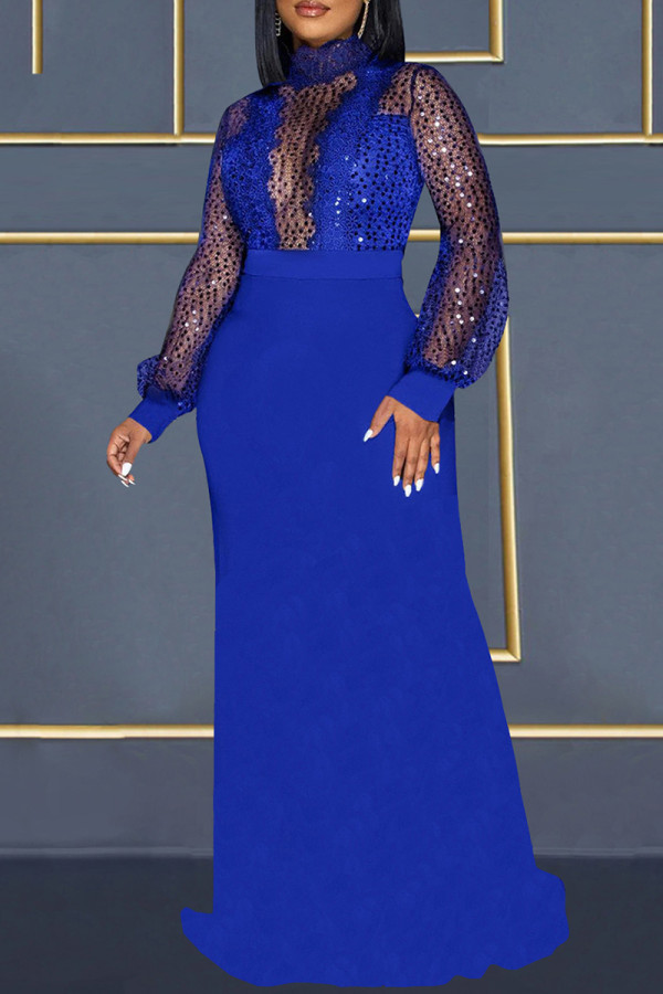 Синее сексуальное лоскутное прозрачное платье с длинным рукавом и водолазкой с разрезом