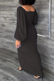 Vestidos de manga larga con cuello en V y abertura de patchwork sólido casual negro