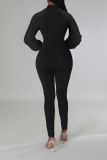 Black Sexy Solid Sequins Zipper Collar Skinny Jumpsuits