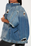 Tiefblaue, lässige, solide, zerrissene Umlegekragen-Kurzarm-Jeansjacke mit geradem Schnitt