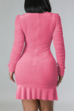 ピンク カジュアル ソリッド ドローストリング 小帯 フォールド タートルネック 長袖 ドレス
