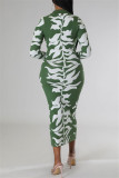 Vestidos de manga comprida verde estampado casual patchwork com gola virada para baixo