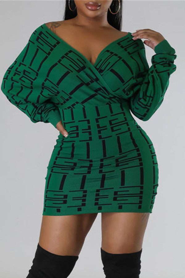 グリーン カジュアル プリント パッチワーク V ネック ロング スリーブ ドレス