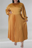 Золотые повседневные однотонные плиссированные платья больших размеров в стиле пэчворк с круглым вырезом и складками