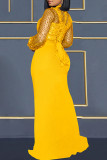 Robes à manches longues à col roulé et fente transparentes en patchwork jaune sexy