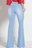 Jeans blu casual in denim a vita alta con spacco patchwork solido