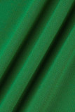 グリーン カジュアル ソリッド パッチワーク フォールド 非対称 O ネック ストレート ドレス