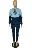 Blue Casual Print Patchwork Letter Hooded Collar Long Sleeve Two Pieces