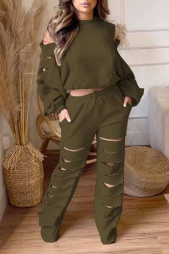 Ink Green Casual Street Solid Hollowed Out Patchwork O Neck Long Sleeve Two Pieces