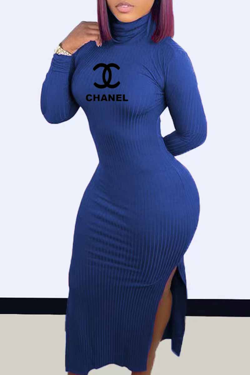 Deep Blue Sexy Print Slit Letter Turtleneck One Step Skirt Dresses