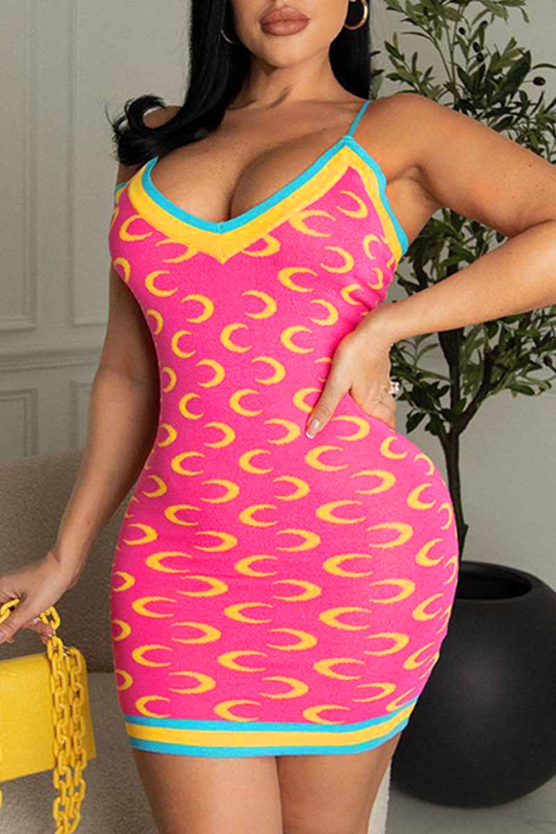Pink Street Print Patchwork Spaghetti Strap One Step Skirt Dresses