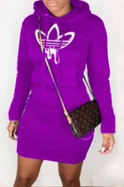Фиолетовые повседневные платья с капюшоном и воротником в стиле пэчворк