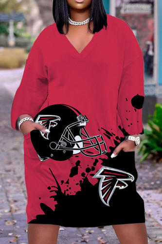 Rose Red Casual Graphics Print O Neck Long Sleeve Plus Size Dallas Cowboys Jersey A Line Maxi Steeler Dress