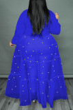 Синее повседневное однотонное платье-рубашка в стиле пэчворк с жемчужной пряжкой и отложным воротником Платья больших размеров