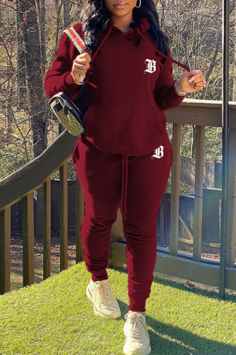 Burgundy Street Print Draw String Hooded Collar Long Sleeve Two Pieces