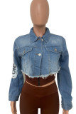 Giacca di jeans dritta a maniche lunghe con colletto rovesciato e fibbia patchwork blu da cowboy