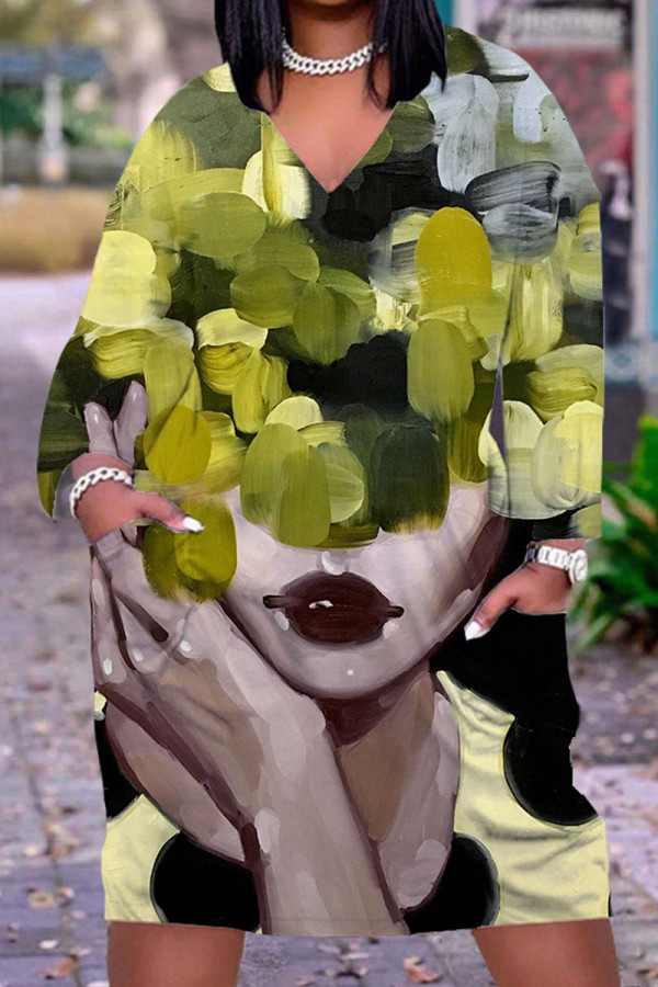 Olivgrüner, lässiger Patchwork-Print mit V-Ausschnitt, gerade Kleider