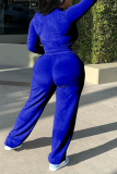 Синий сексуальный сплошной лоскутный отложной воротник с длинным рукавом из двух частей