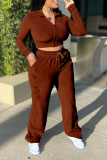 Coffee Sexy Solid Patchwork Turndown Collar Long Sleeve Two Pieces