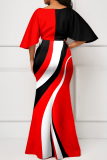 Red Street Patchwork Flounce V Neck Pencil Skirt Dresses