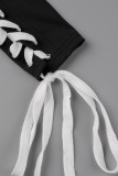 Zwarte sexy effen bandage uitgehold patchwork gesp turn-back kraag eenstaps rokjurken