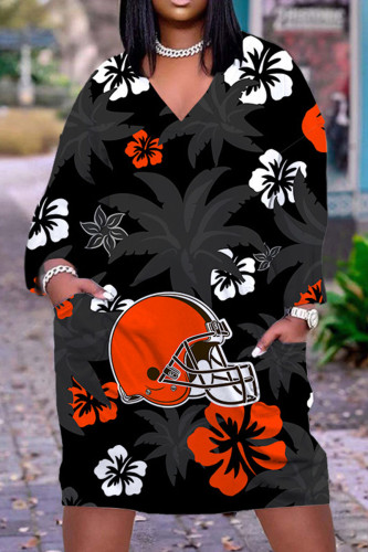 Orange Black Casual Graphics Print O Neck Long Sleeve Plus Size Dallas Cowboys Jersey A Line Maxi Steeler Dress