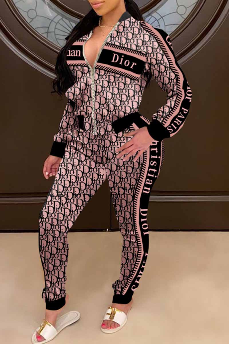 

Pink Elegant Print Letter Zipper Collar Long Sleeve Two Pieces