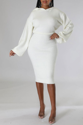 White Sexy Solid Patchwork Hooded Collar One Step Skirt Dresses