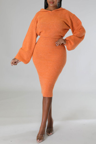 Orange Sexy Solid Patchwork Hooded Collar One Step Skirt Dresses