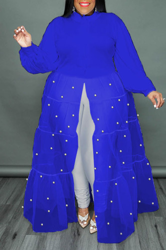 Blue Casual Solid Patchwork Buckle Pearl Turndown Collar Shirt Dress Plus Size Dresses