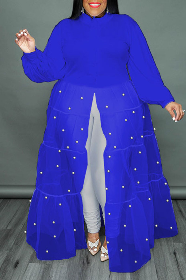 Синее повседневное однотонное платье-рубашка в стиле пэчворк с жемчужной пряжкой и отложным воротником Платья больших размеров