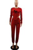 Red Sexy Print Letter Asymmetrical O Neck Long Sleeve Two Pieces