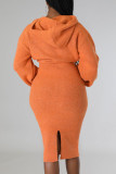 Vestidos de falda de un paso con cuello encapuchado de patchwork sólido sexy naranja