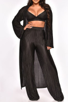 Black Sexy Solid Patchwork Fold Long Sleeve Two Pieces