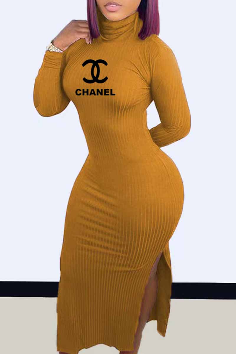 

Orange Sexy Print Slit Letter Turtleneck One Step Skirt Dresses