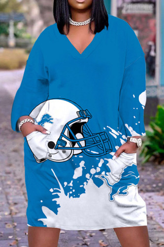 Sky Blue Casual Graphics Print O Neck Long Sleeve Plus Size Dallas Cowboys Jersey A Line Maxi Steeler Dress
