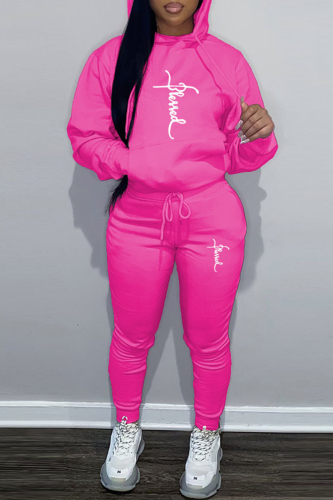 Rose Red Street Letter Print Hooded Collar Long Sleeve Sweatshirt And Pants Sportwear Two Piece Jogger Set