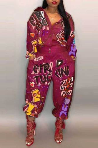 Rose Red Casual Street Print Patchwork Turndown Collar Harlan Jumpsuits