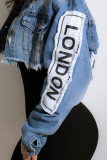 Veste en jean droite à manches longues avec col rabattu et patchwork imprimé rue décontracté noir