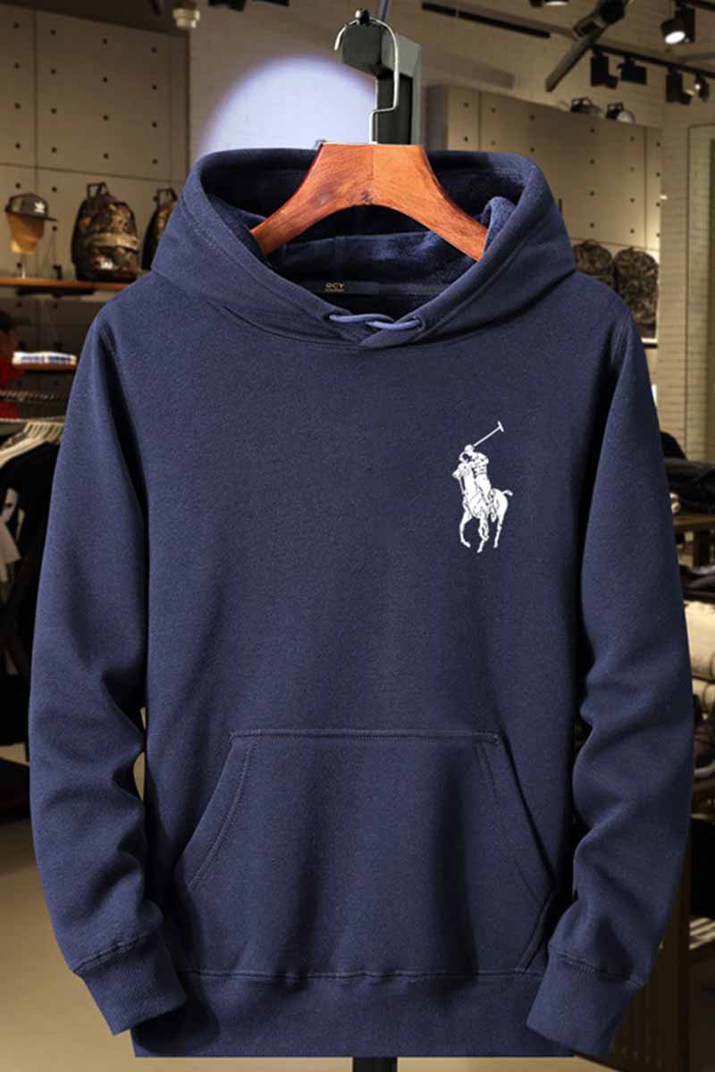 Navy Blue Casual Print Hooded Collar Tops